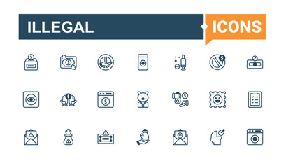 Illegal set of modern icons. Featuring justice, help, dollar, police, human, prison and more. Icons for UI. Editable vector outline and solid icons.