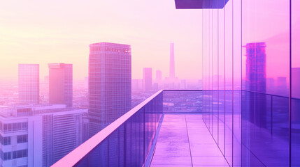 Urban skyline at sunset with pastel skyscrapers and balcony view