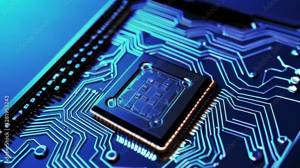 Aufkleber Electronic components slowly rotate, showcasing intricate details of a cpu chip on a blue circuit board, highlighting technological advancements in computer processing