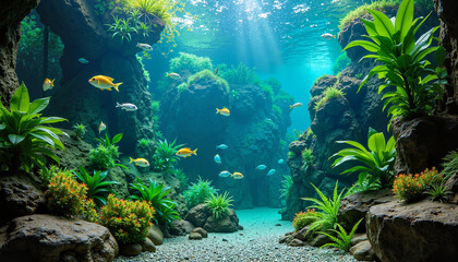 A beautifully designed aquarium features lush green plants and glowing light, creating a peaceful underwater paradise. Ideal for Pet Day, aquarium decorations, and fish care products.