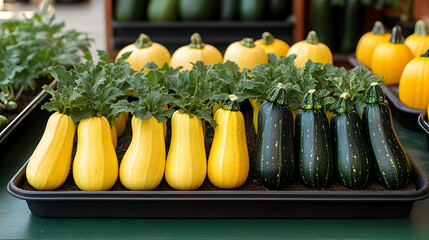 Yellow and green zucchini seedlings in a tray at a garden center