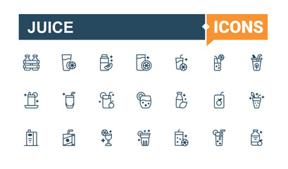 Juice set of modern icons. Icons hot, beer, restaurant, coconut, cold, can, brandy, soda. Flat UI icon design. Editable vector outline and solid icons.