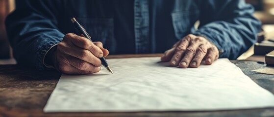 A mature hand gracefully writing on blank paper with a pen, capturing a moment of creativity and thoughtfulness in a peaceful, artisanal setting.