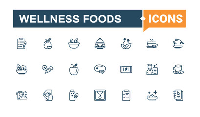 Wellness Foods line icons set. It contains symbols to eco, vitamin, vegan, diet, diary, weight, healthy, heart. Line with editable stroke. Editable vector outline and solid icons.