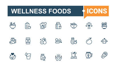 Wellness Foods line icons set. It contains symbols to eco, vitamin, vegan, diet, diary, weight, healthy, heart. Line with editable stroke. Editable vector outline and solid icons.