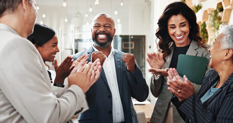 Excited, businessman or team with applause for congratulations, promotion or good news at office....