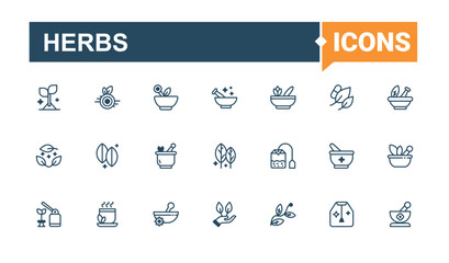 Herbs vector icon set. It contains symbols to barberry, ginger, organic, thin, utensil and more. Outline icon. Vector outline and solid icons collection.