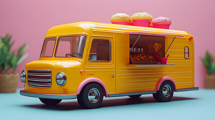 Yellow food truck selling pastries, fries,  pink background.  Use website, menu