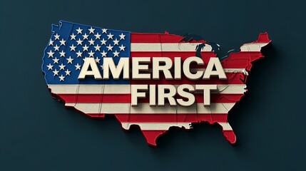 map of the USA in the color of American flag with the text "America First"