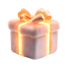 Fluffy 3D Cartoon Gift Box with Glowing Ribbons Isolated on Transparent Background