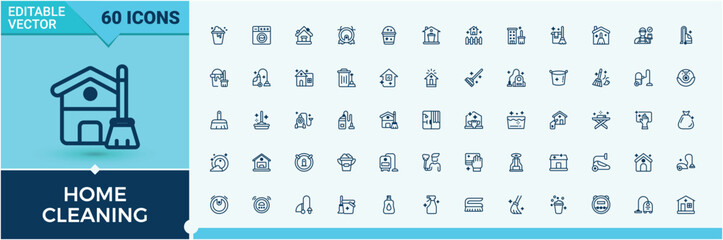 Home Cleaning vector line icon set. Contains linear outline icons like spray, sanitary, washing machine, virus, clean, laundry, wash and more. Sign and Symbol. Vector line and solid icons.