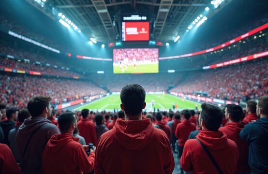 Image shows spectators watching football match on stadium. Many fans in red clothes look at soccer game on jumbotron screen. Excitement, anticipation, live sports atmosphere, rivalry action,