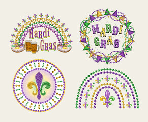 Carnival Mardi Gras labels with beaded rainbow, king cake, beads, fleur de lis symbol, glossy text. Vintage illustrations on white background. For prints, clothing, t shirt, holiday design