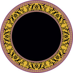 Circular vector frame featuring intricate golden Baroque-style floral ornaments set against a rich black background. The elegant combination of gold, purple, and black enhances.