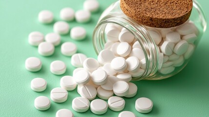 A close-up shows white medication tablets spilling from a glass jar onto a green surface.