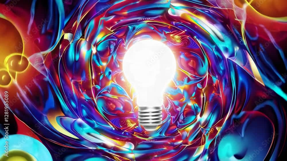 Poster light bulb glowing brightly against colorful, swirling background, symbolizing innovative thinking e