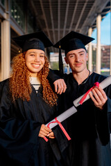 Two happy multiracial graduates wearing their gowns and mortarboards, holding their diplomas and...