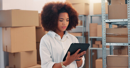 Tablet, inventory and shipping with woman in warehouse for logistics route, tracking code and cargo...
