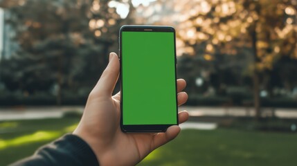 Hand holding smartphone with green screen in a park