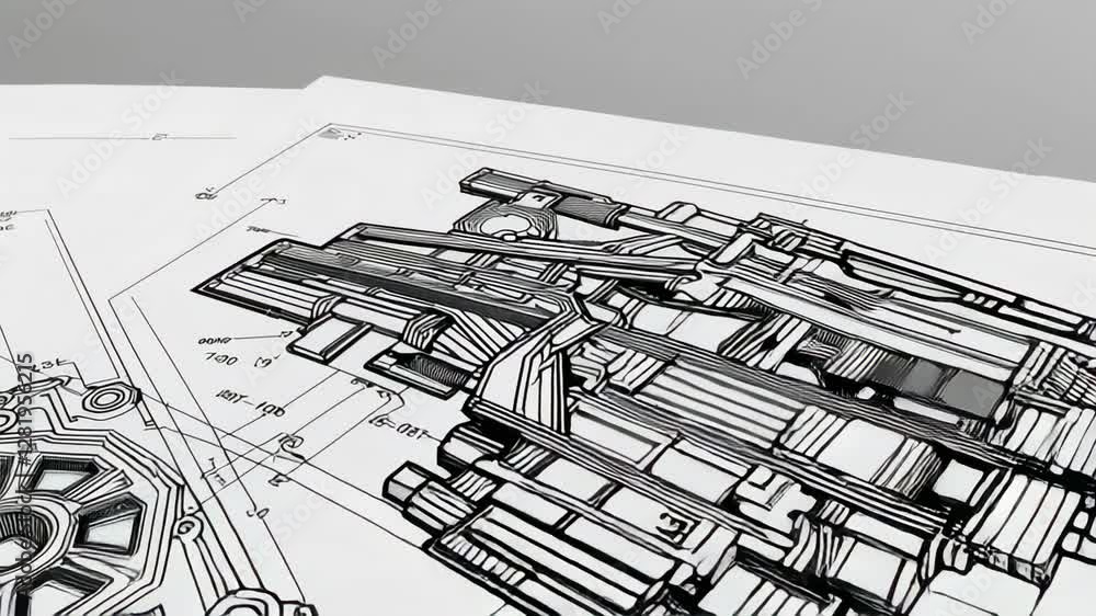 Poster Blueprint technical drawing of engineering, slowly rotating and exploding, showing different views and perspectives of a complex mechanical piece