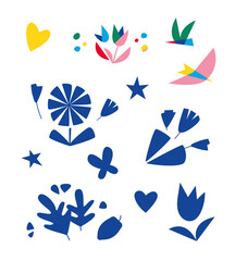 Collections de symboles représentant la liberté, la nature, le mouvement, l'amour, la musique, la fête, le printemps