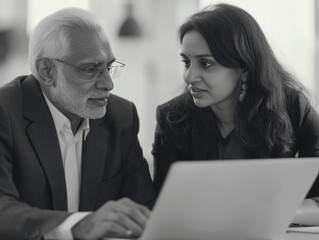 Fototapeta premium Two professionals engaged in a business meeting, discussing strategy or presentations at a computer desk.