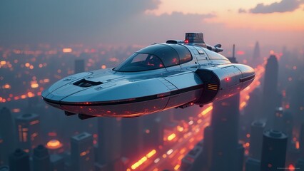 A sleek, iridescent hovercraft hovers in mid-air above a cyberpunk city with soft, pulsing lights.