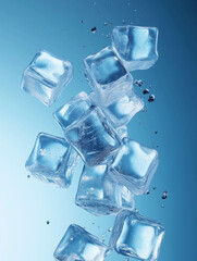 blue ice background of ice cubes in motion, emphasizing their clarity, freshness, and coolness. It is versatile and ideal for commercial, decorative, or educational purposes