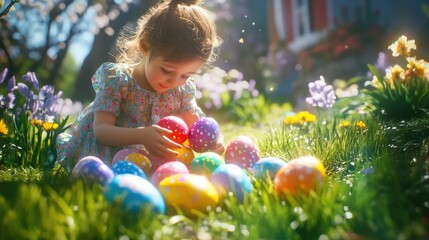 A cute little girl plays with vibrant colorful Easter balls in a garden on a sunny day.