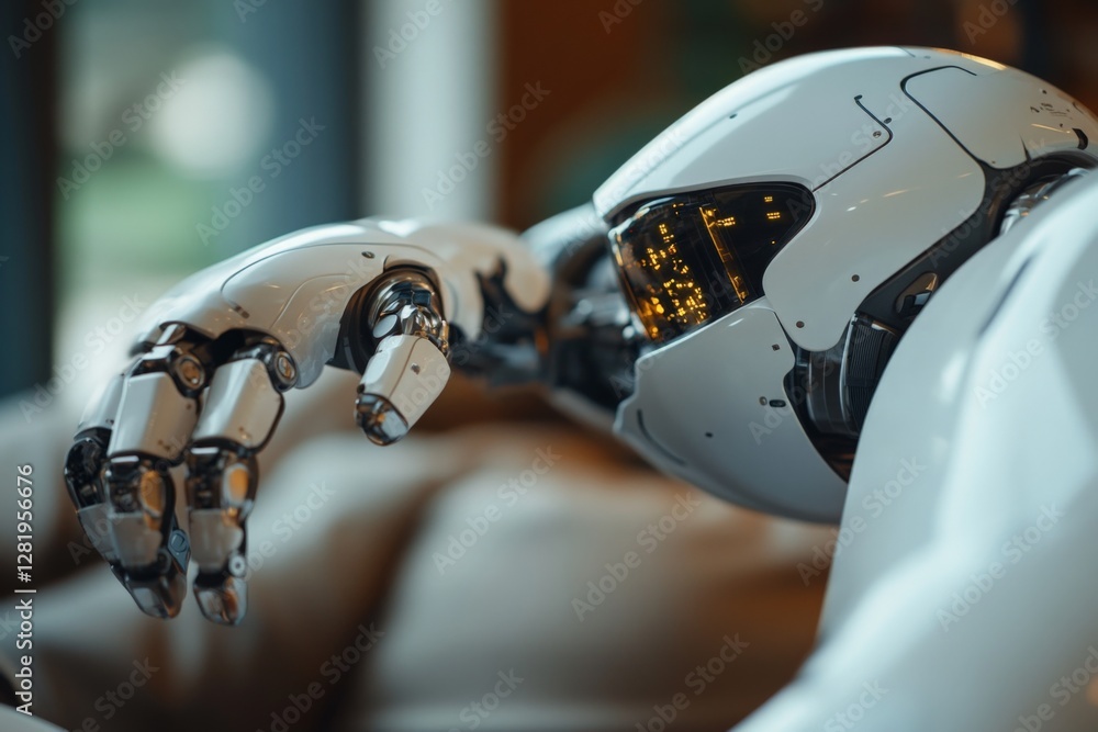Poster advanced robotic arm resting on furniture showcasing intricate design and technology at an indoor lo