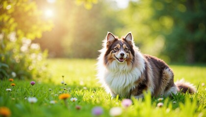 Fototapeta premium Happy Australian Shepherd dog sitting on green grass surrounded by wildflowers in the sunshine