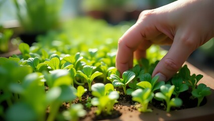 Delicate microgreens and small vegetables grow in a lush green carpet, tended to by gentle hands, surrounded by soft sunlight and warm atmosphere in a charming backyard greenhouse setting.