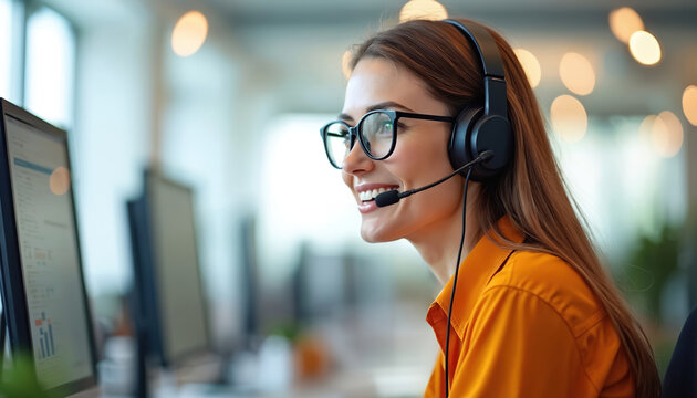 Customer service agent wears headset at desk during call. Bright office emphasizes client support. Woman communicates, provides assistance, interacts with customer, ensures efficient operation,