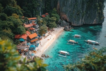 Secluded beach with vibrant huts and boats near lush cliffs at midday in a tropical paradise