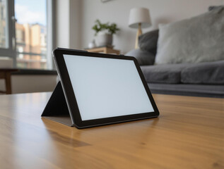 Blank white screen tablet putting on wooden desk at the living room as background
