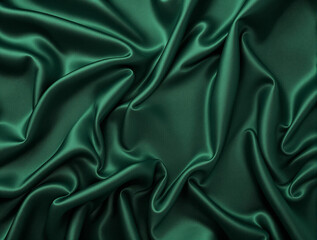 Emerald green satin fabric, wavy abstract satin cloth texture pattern, top view green drapery silk fabric luxury background