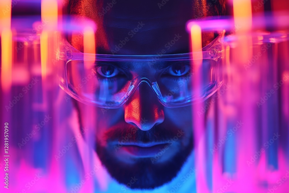 Poster modern scientist conducting experiments in a colorful lab with glowing test tubes during twilight ho