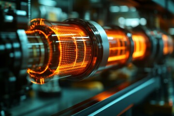 Fototapeta premium Innovative technology showcasing a glowing tube in a modern industrial setting with vibrant orange hues