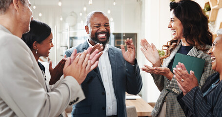 Happy, businessman or team with applause for congratulations, promotion or good news at office....