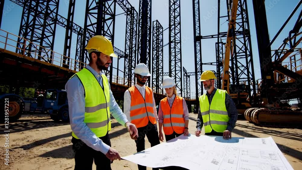 Poster Four engineers in safety vests and hard hats are examining a blueprint at a large construction site on a sunny day, captured in slow motion