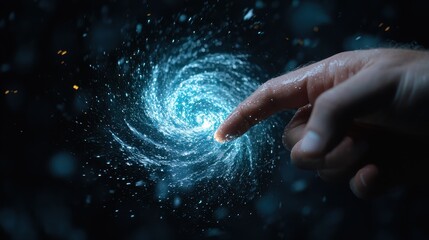 Fototapeta premium Hand Reaching Towards Cosmic Spiral Galaxy Light Effect