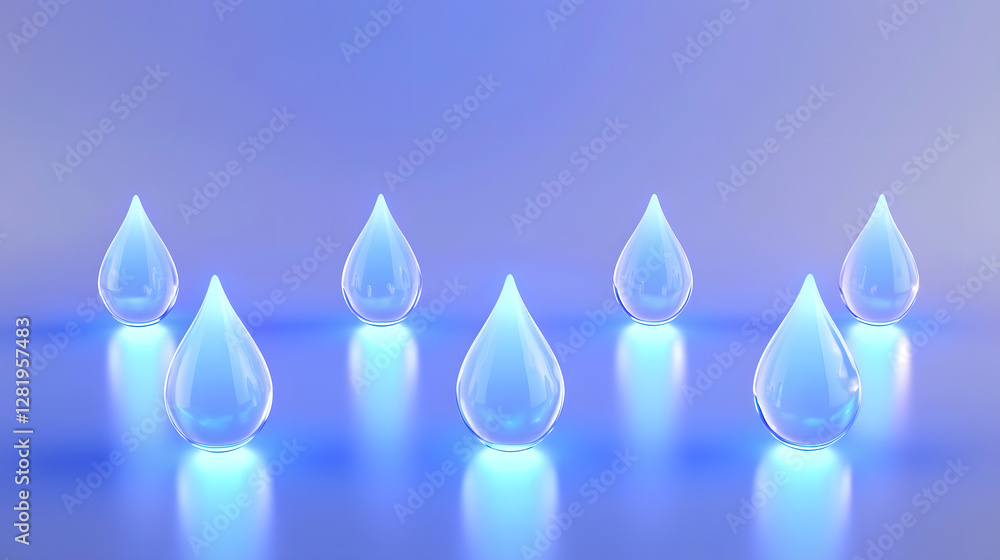 Poster illuminated water drops in blue light studio setting abstract photography calm environment close-up 
