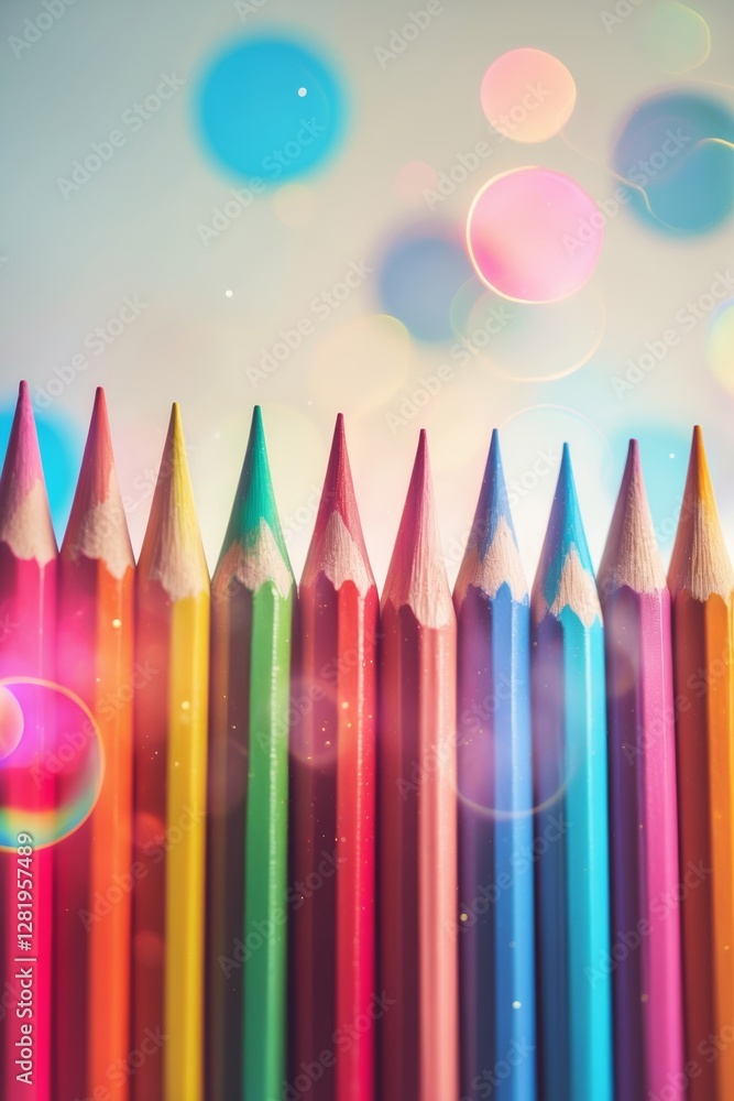 Poster colorful pencils arranged in a neat row with a dreamy bokeh background creating a whimsical atmosphe