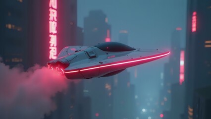 A futuristic wing-shaped vehicle hovers above a cityscape shrouded in thick neon-lit fog at night.