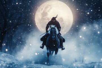 Naklejka premium Winter rider crosses snowy landscape under a full moon with snowfall in a mystical night setting