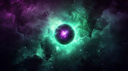 Obraz premium Dark cosmic abstract gradient with glowing green and purple hues, softly blending, creating a mysterious and sci-fi ambiance