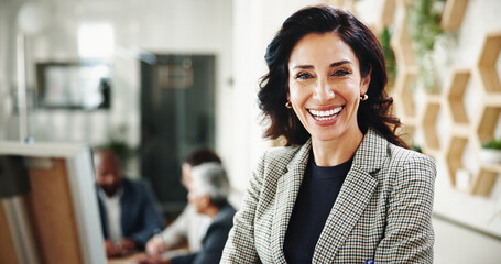Fototapeta premium Happy, manager and portrait of businesswoman in office for corporate real estate company. Pride, realtor and face of professional female luxury home consultant with positive attitude in workplace.