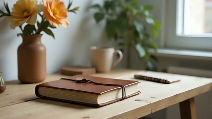 A worn leather-bound book lies on a wooden desk made from reclaimed wood, surrounded by delicate paper flowers crafted from recycled materials in a minimalist office setting.
