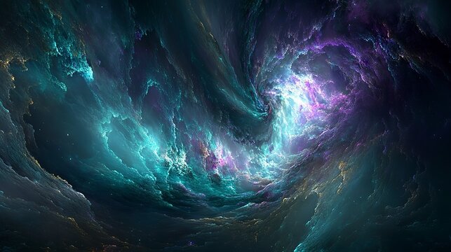 Dark cosmic abstract gradient with glowing teal and purple hues, softly blending, creating a sci-fi and mysterious mood