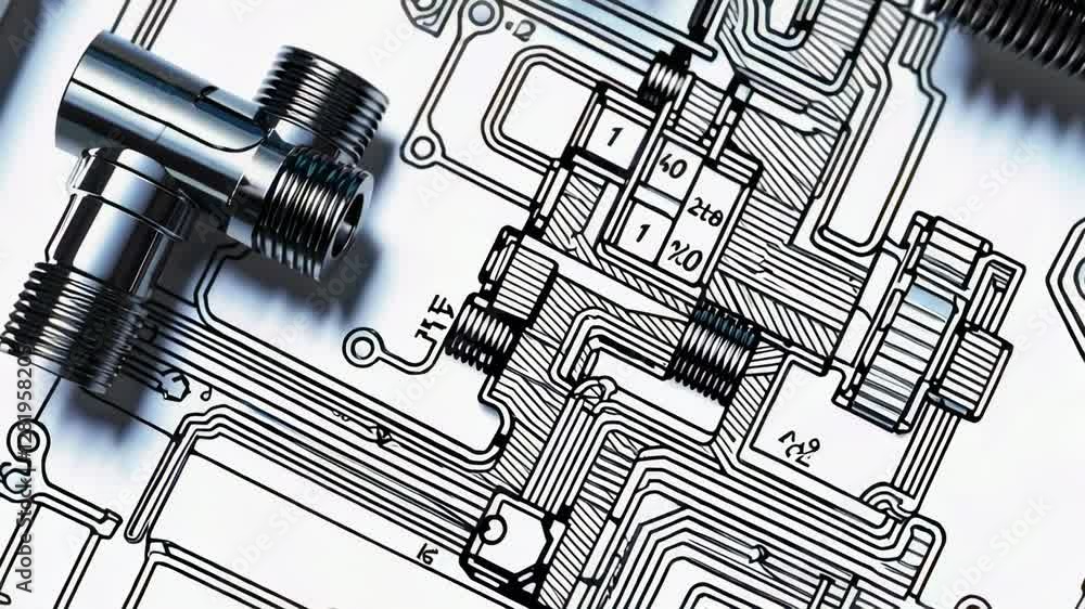 Poster Chrome plated plumbing fixture slowly rotates on a blueprint, showcasing intricate details of its design and the corresponding technical drawing in a slow motion sequence